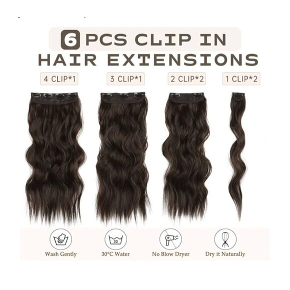 Vigorous Womens 20" Dark Brown Wavy Clip-In Hair Extensions 6 Pcs Set Synthetic - Picture 3 of 8